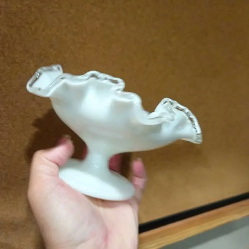 Vintage white opalescent ruffled pedestal glass bowl